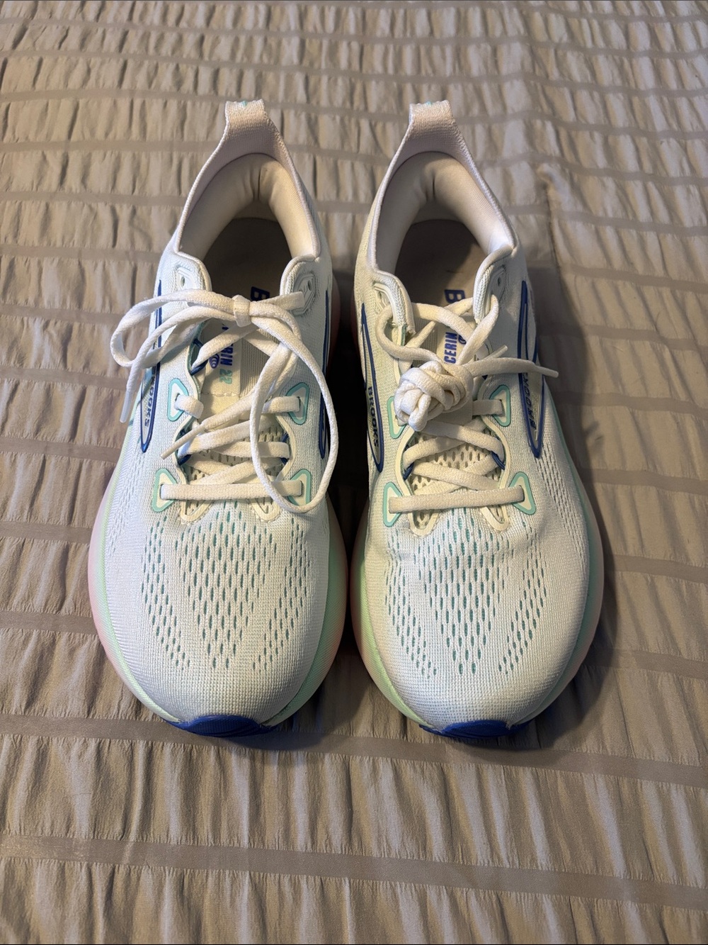 Brooks White Running Shoes with Mint and Light Blue Accents